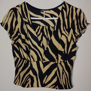 FREE PEOPLE Show Me Love Zebra Print Smocked Corset Blouse Size S Gold Black
